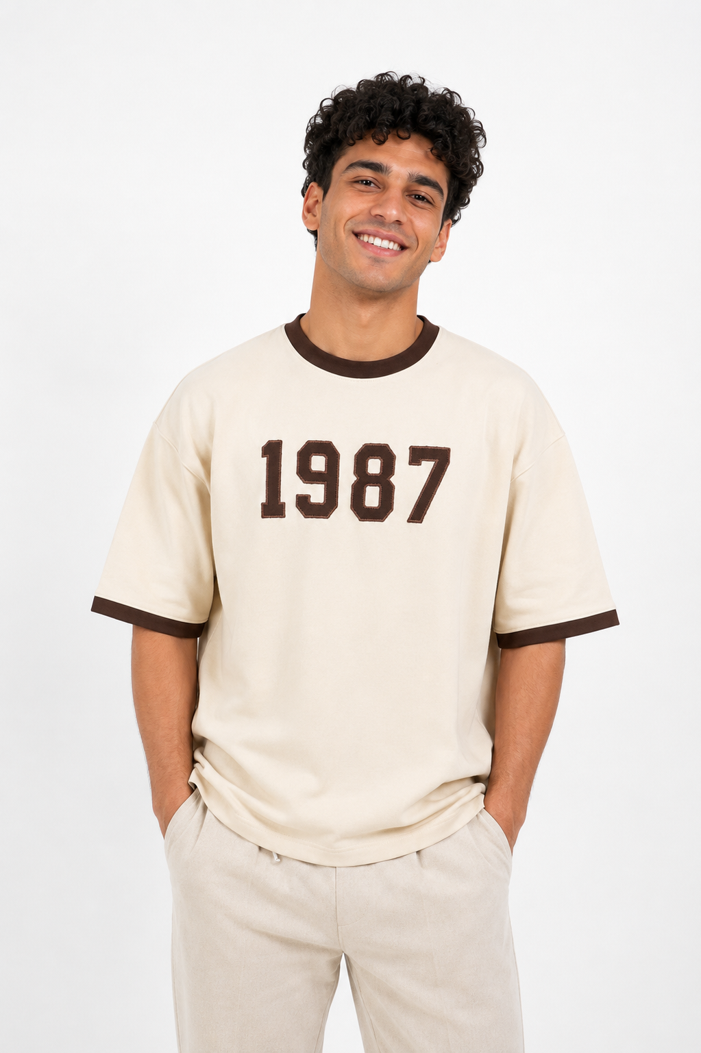 1987 Oversized T-Shirt – Cream &amp; Brown